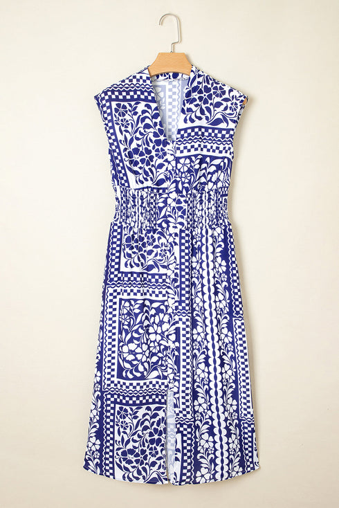 Boho Floral Shirred Waist V Neck Midi Dress